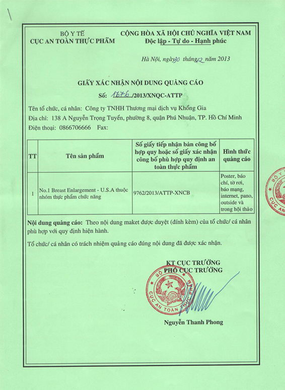 giấy xác nhận nội dung quảng cáo thực phẩm